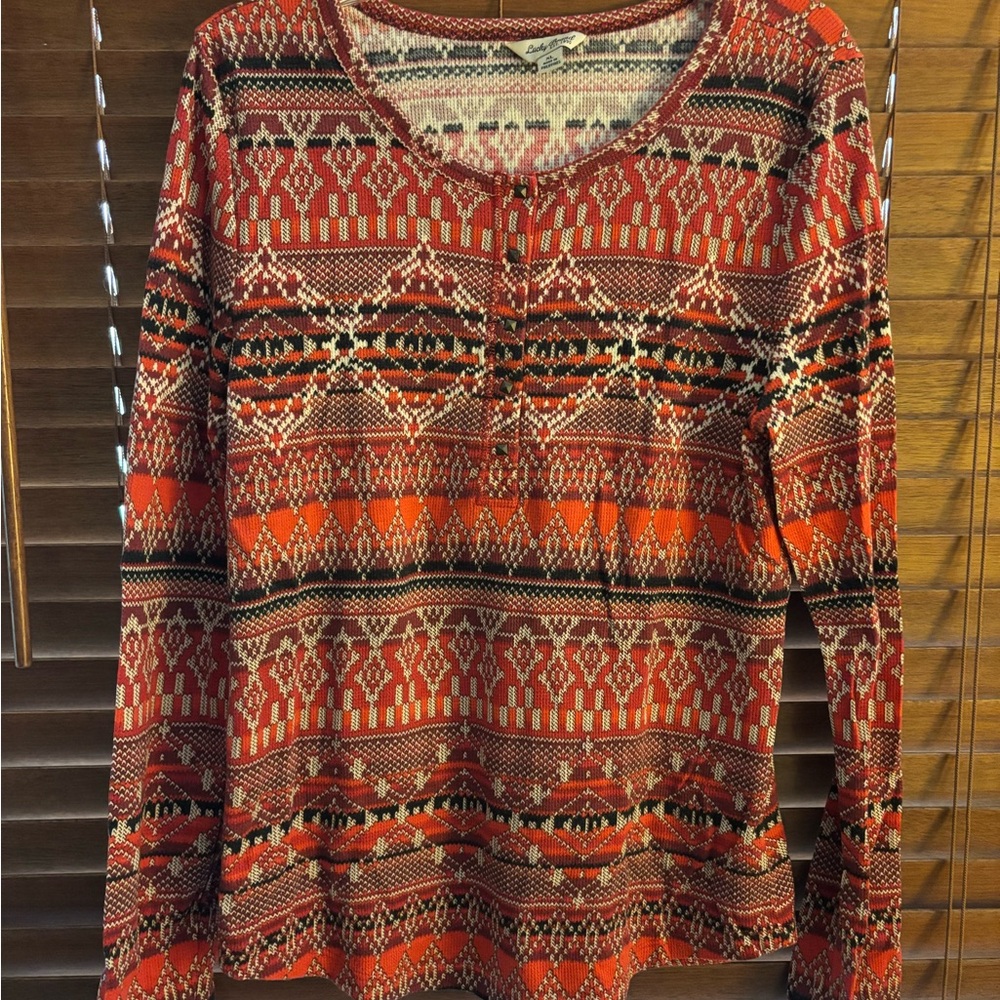 Lucky Brand Red and Black Patterned Long Sleeve Top